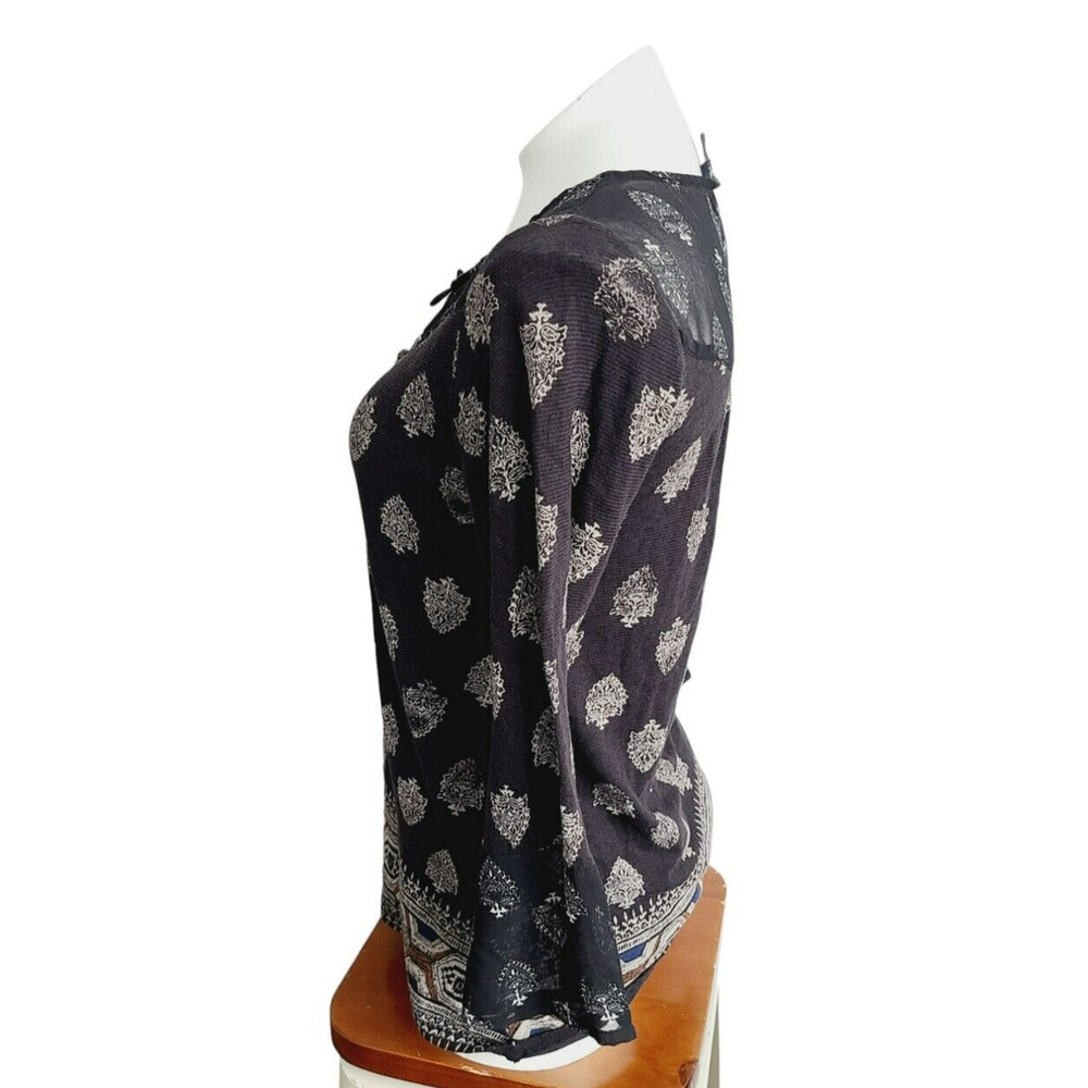 Lucky‎ Brand Womens Small Gray Block Print Mesh Yoke Tie Neck Blouse Top - Picture 2 of 4
